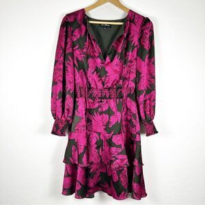 Sam Edelman Tropical Tiered Dress Smocked Waist Long Sleeve Pink Black Medium